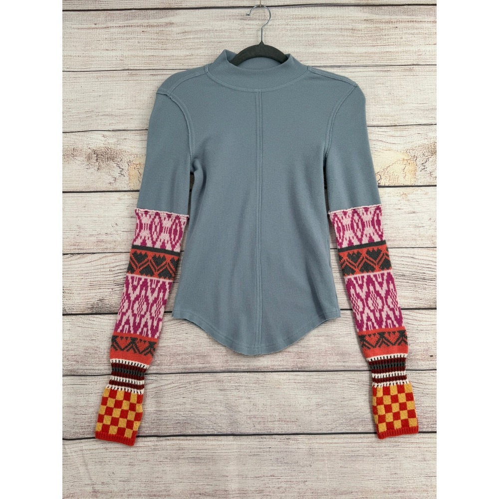 We The Free Thermal Top Womens Small Blue Mixed Pattern Knit Sleeve OB1585180